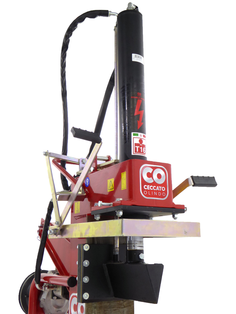 Detail of the Ceccato log splitter sturdy and large piston cylinder, additional drive controls, cast cutting wedge and steel guide