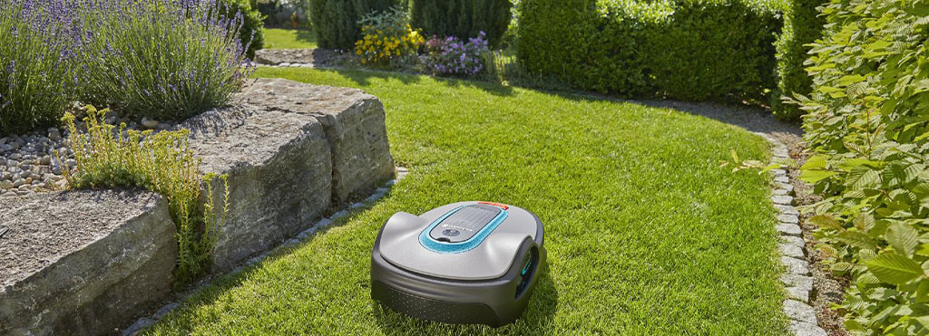 Gardena Sileno Robot Lawn Mower in a lawn with obstacles