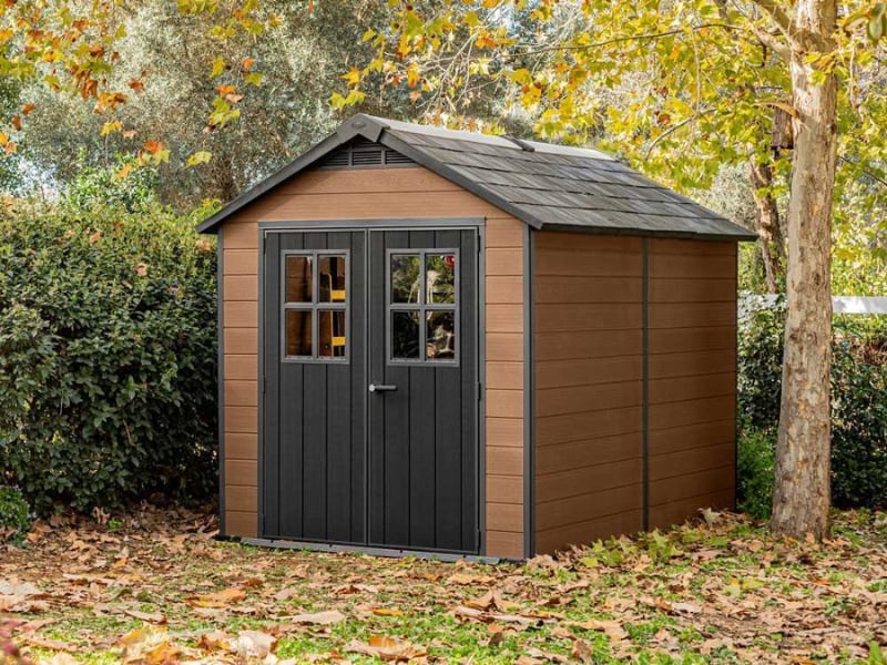 Brown pvc garden shed with two-leaf door