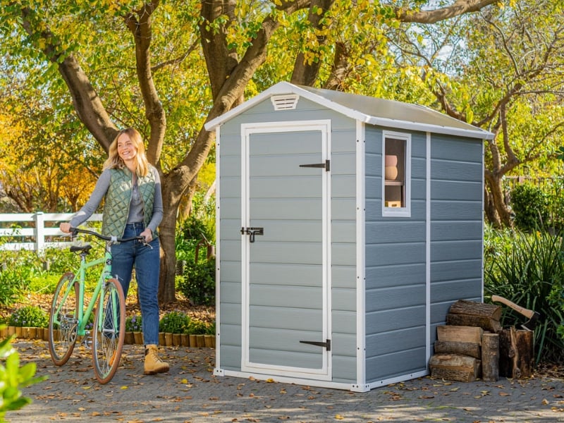 Small grey and white resin garden shed