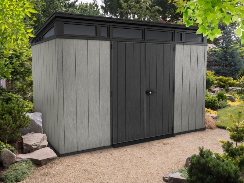 Garden shed with gray and black pitched roof